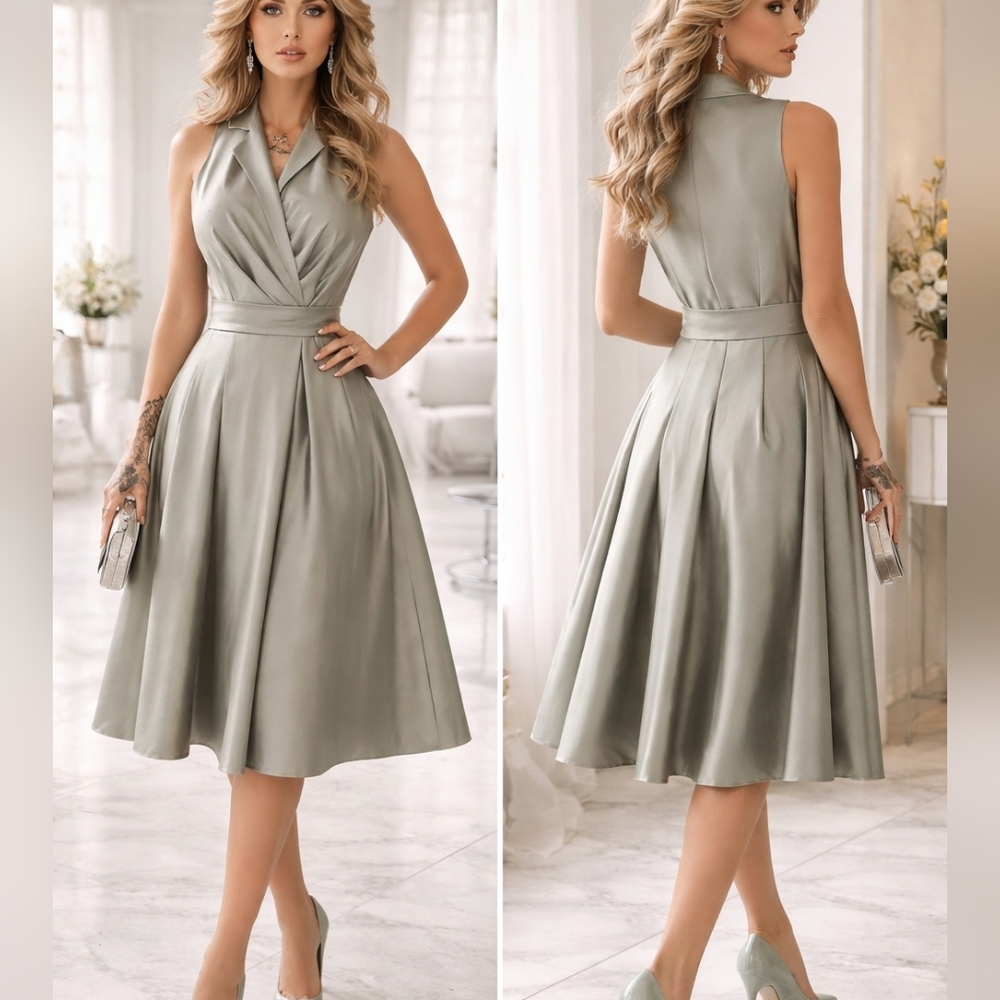 Jones Studio💝SO PRETTY Sage Green Midi PARTY💃Dress Pleated A-Line Skirt Sz M